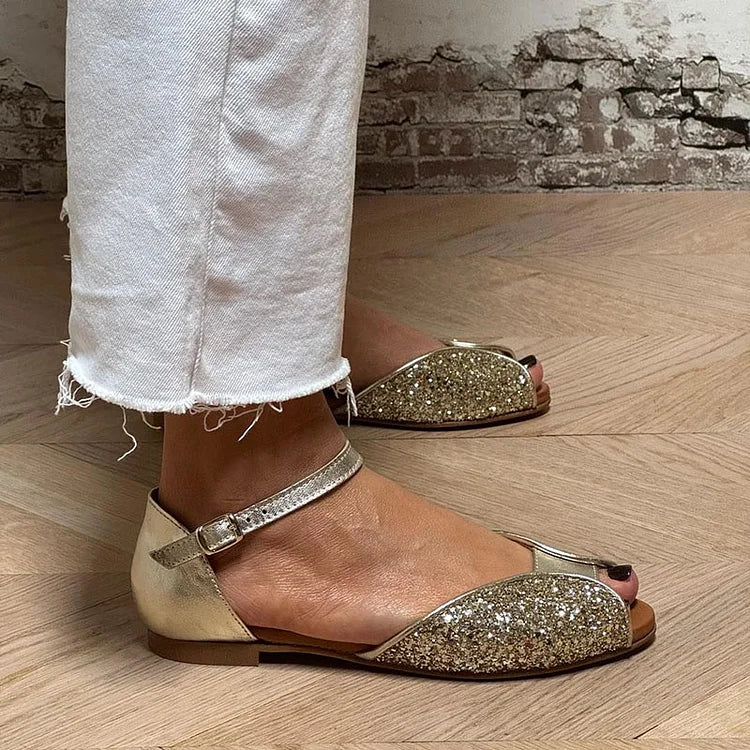 Flat Sandal With Ankle Strap - Gold