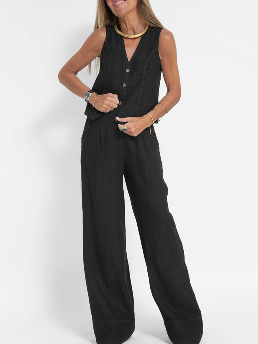 Aira™ - Buttoned Vest &amp; Wide-Leg Trousers Set