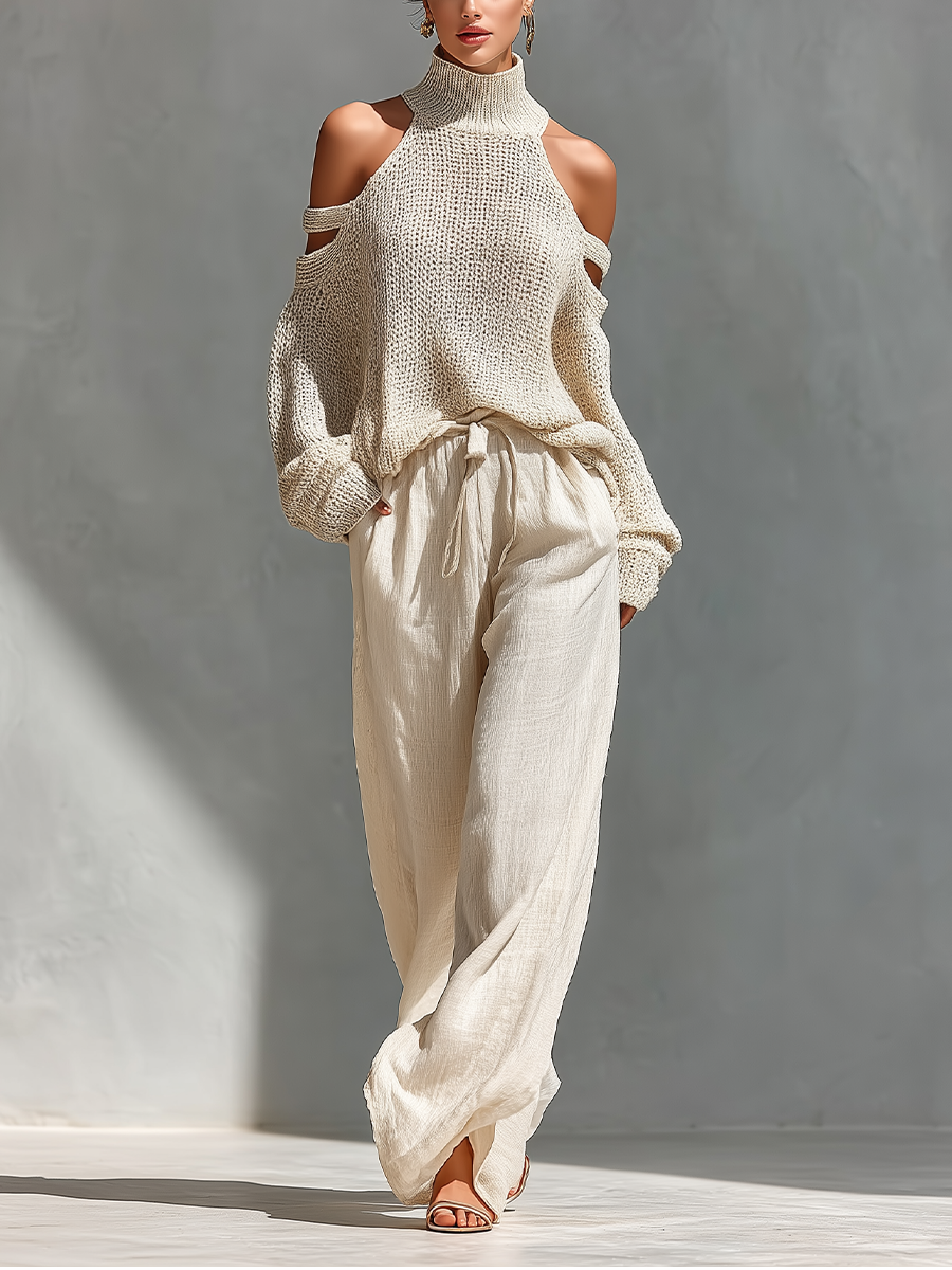 Thalia - Beige Knit Off-Shoulder Turtleneck Top &amp; Wide Leg Pants Set
