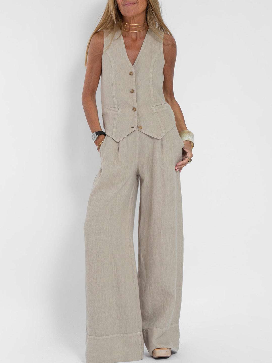 Aira™ - Buttoned Vest &amp; Wide-Leg Trousers Set