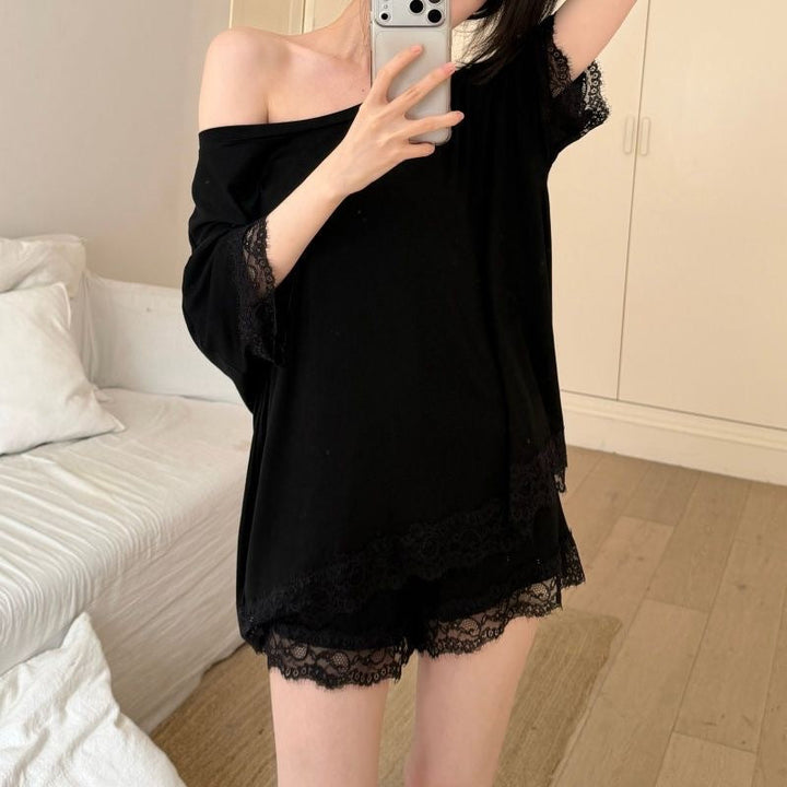 Alice - Chocolate Satin Boat Neck Top &amp; Shorts Set