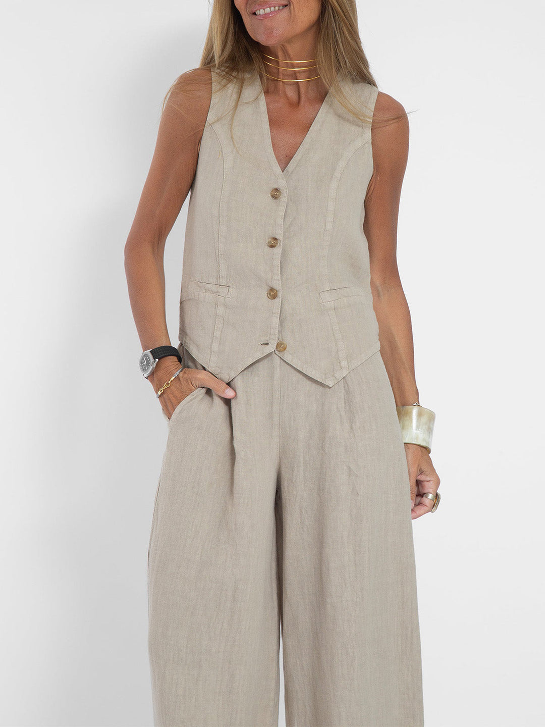 Aira™ - Buttoned Vest &amp; Wide-Leg Trousers Set
