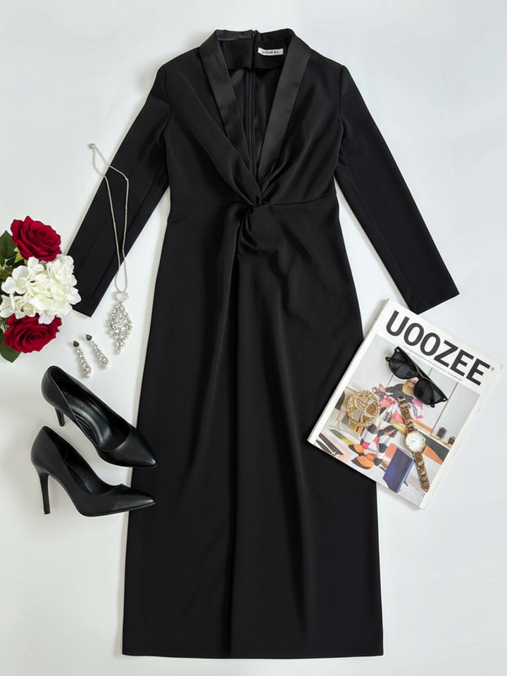 Kara - Long Sleeve Skinny Solid Color Deep V-Neck Maxi Dress
