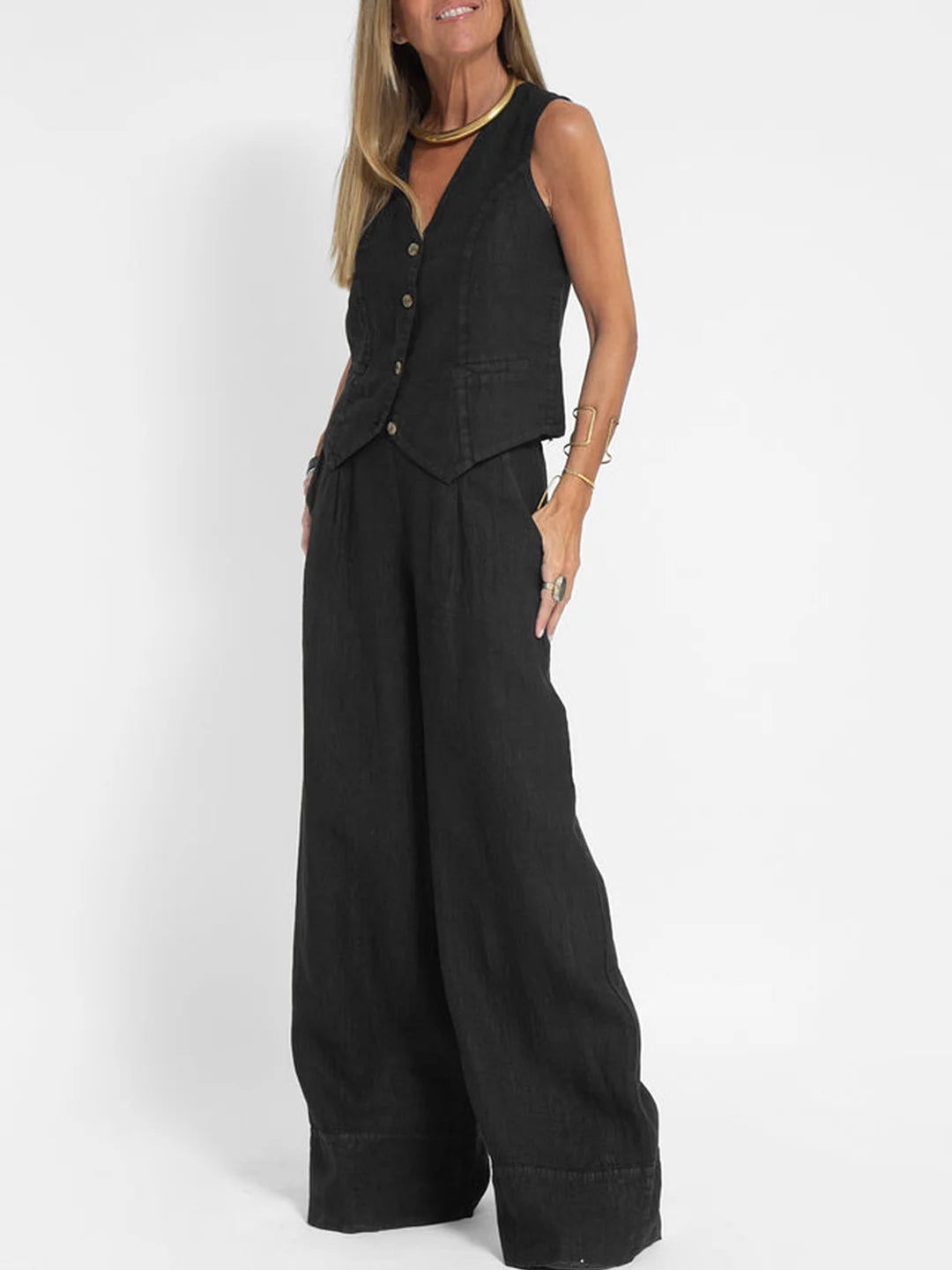 Aira™ - Buttoned Vest &amp; Wide-Leg Trousers Set