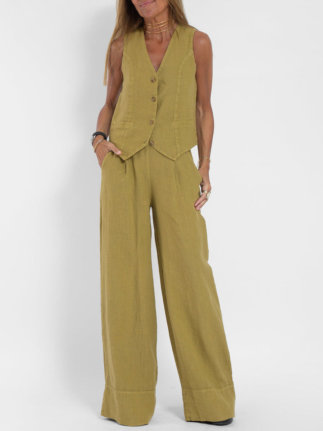 Aira™ - Buttoned Vest &amp; Wide-Leg Trousers Set