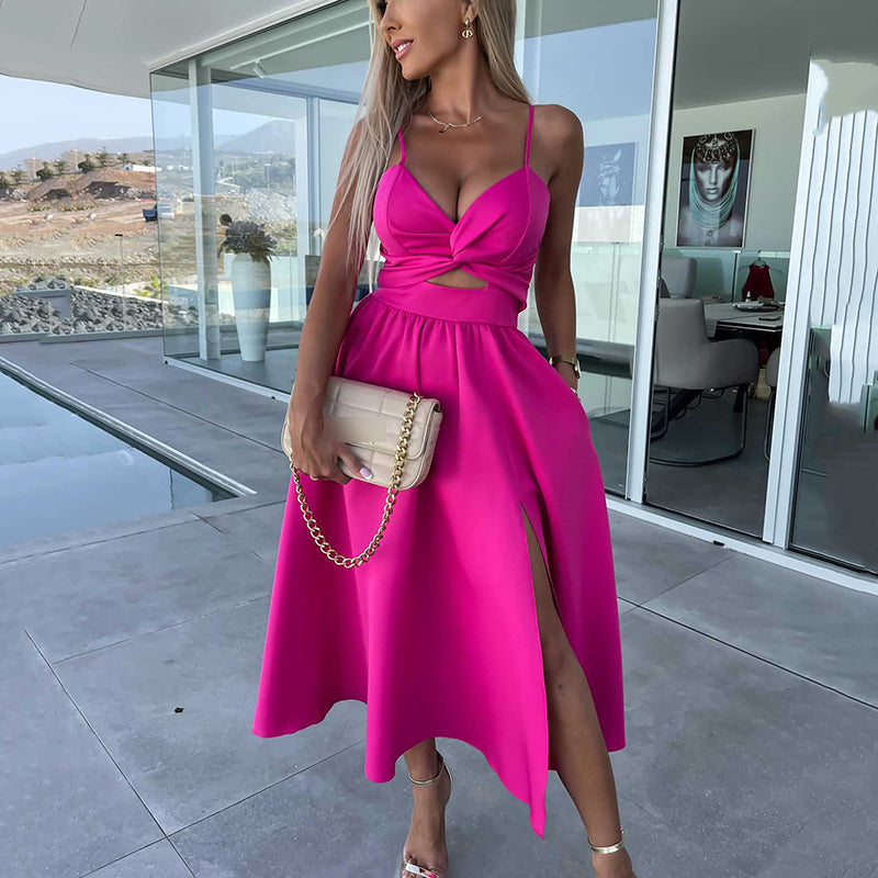 Célestine - Spaghetti Strap Midi Dress with High Slit